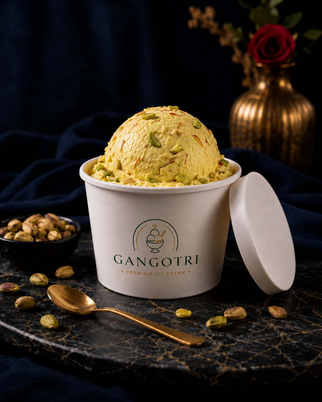 Kesar Pista ice cream in a Gangotri cup