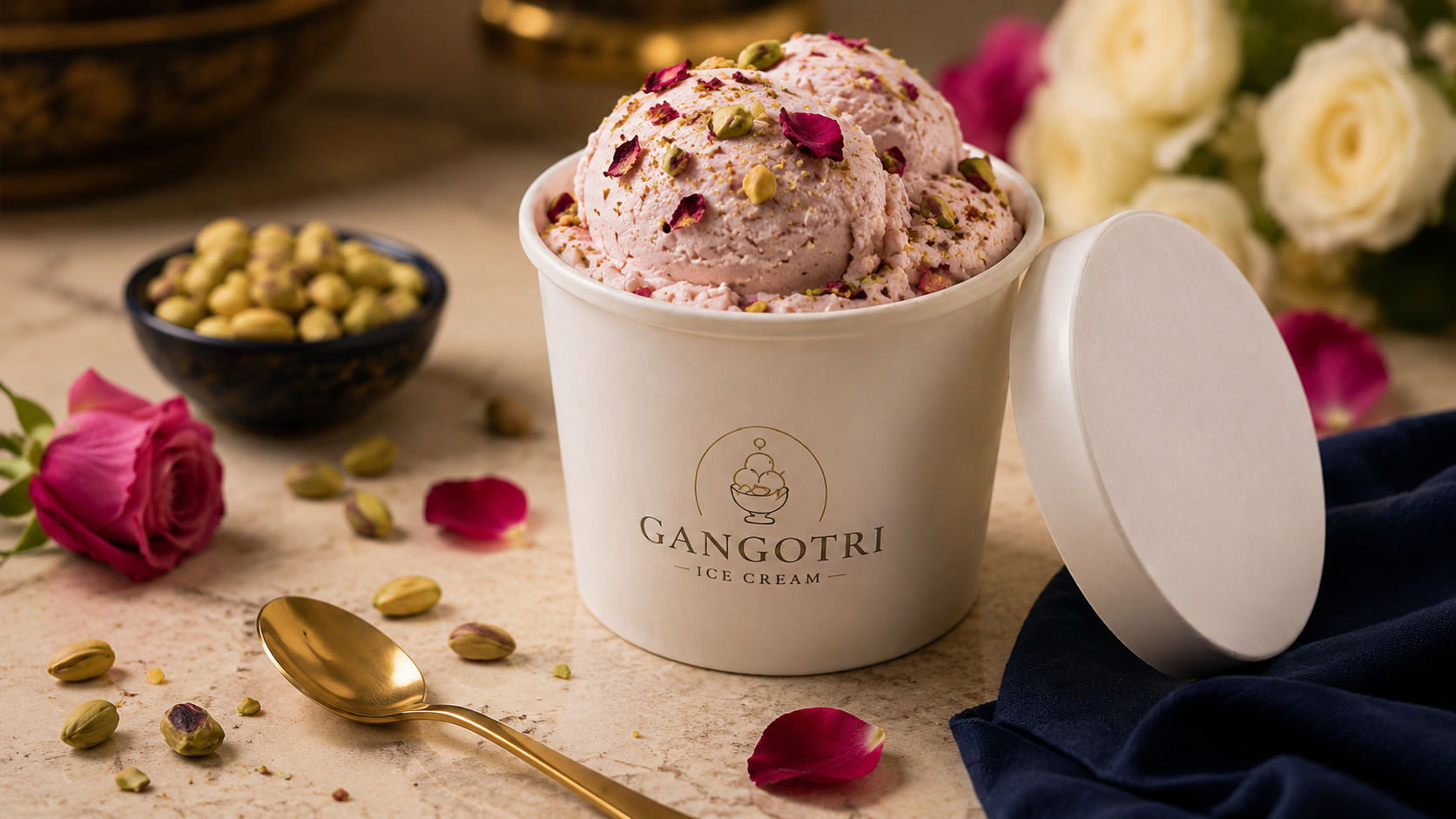 Open Gangotri ice cream cup with rose and pistachio garnish