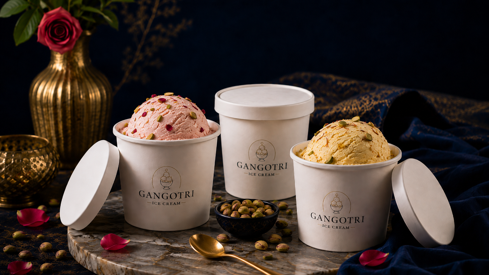 Three Gangotri ice cream containers arranged with rose petals, pistachios and gold accents